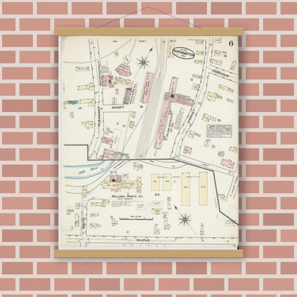 Old map wall art mockup — magnetic wood frame on brick wall — Sanborn Fire Insurance Map from Northampton, Hampshire County, Massachusetts (1884), Sheet #0006