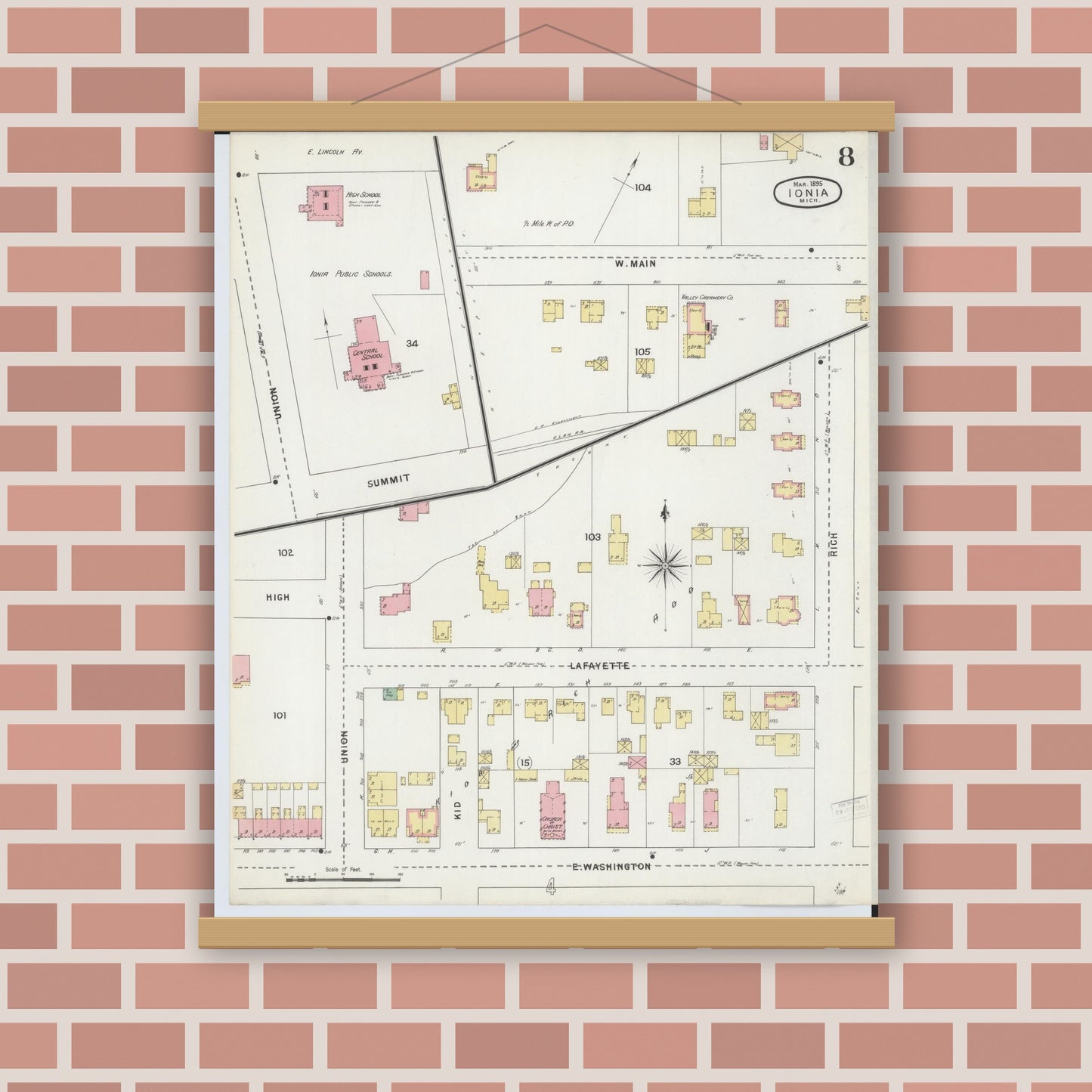 Old map wall art mockup — magnetic wood frame on brick wall — Sanborn Fire Insurance Map from Ionia, Ionia County, Michigan (1895), Sheet #0008