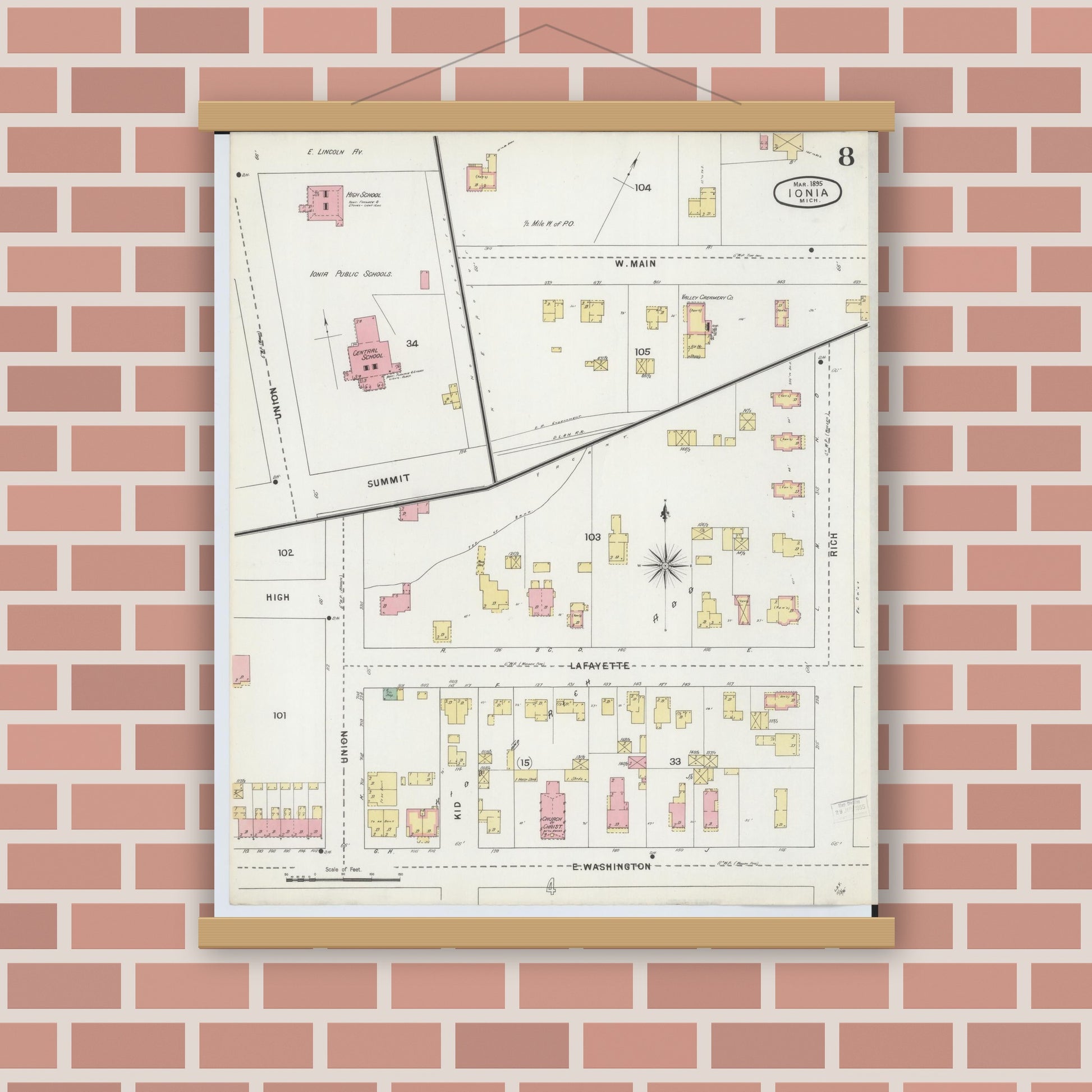 Old map wall art mockup — magnetic wood frame on brick wall — Sanborn Fire Insurance Map from Ionia, Ionia County, Michigan (1895), Sheet #0008