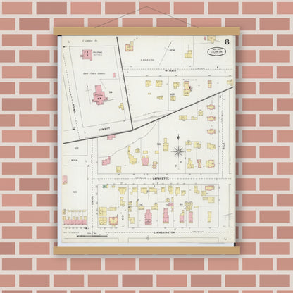 Old map wall art mockup — magnetic wood frame on brick wall — Sanborn Fire Insurance Map from Ionia, Ionia County, Michigan (1895), Sheet #0008