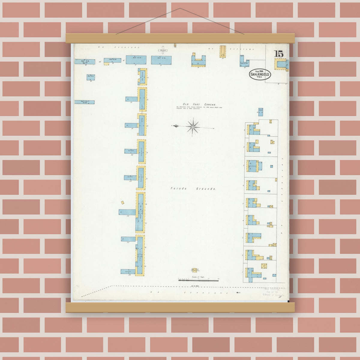 Old map wall art mockup — magnetic wood frame on brick wall — Sanborn Fire Insurance Map from San Angelo, Tom Green County, Texas (1904), Sheet #0015