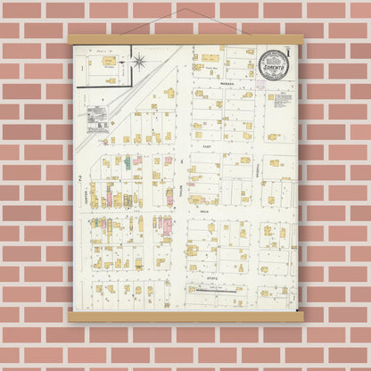 Old map wall art mockup — magnetic wood frame on brick wall — Sanborn Fire Insurance Map from Sorento, Bond County, Illinois (1906) - Complete Map Set