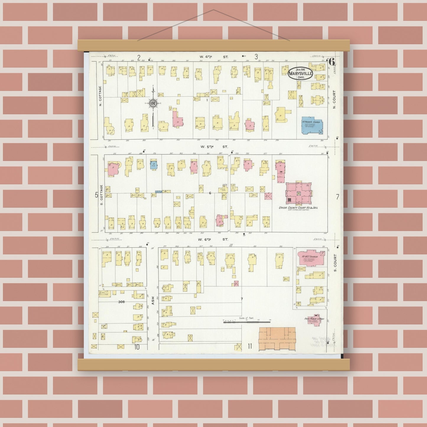 Old map wall art mockup — magnetic wood frame on brick wall — Sanborn Fire Insurance Map from Marysville, Union County, Ohio (1916), Sheet #0006