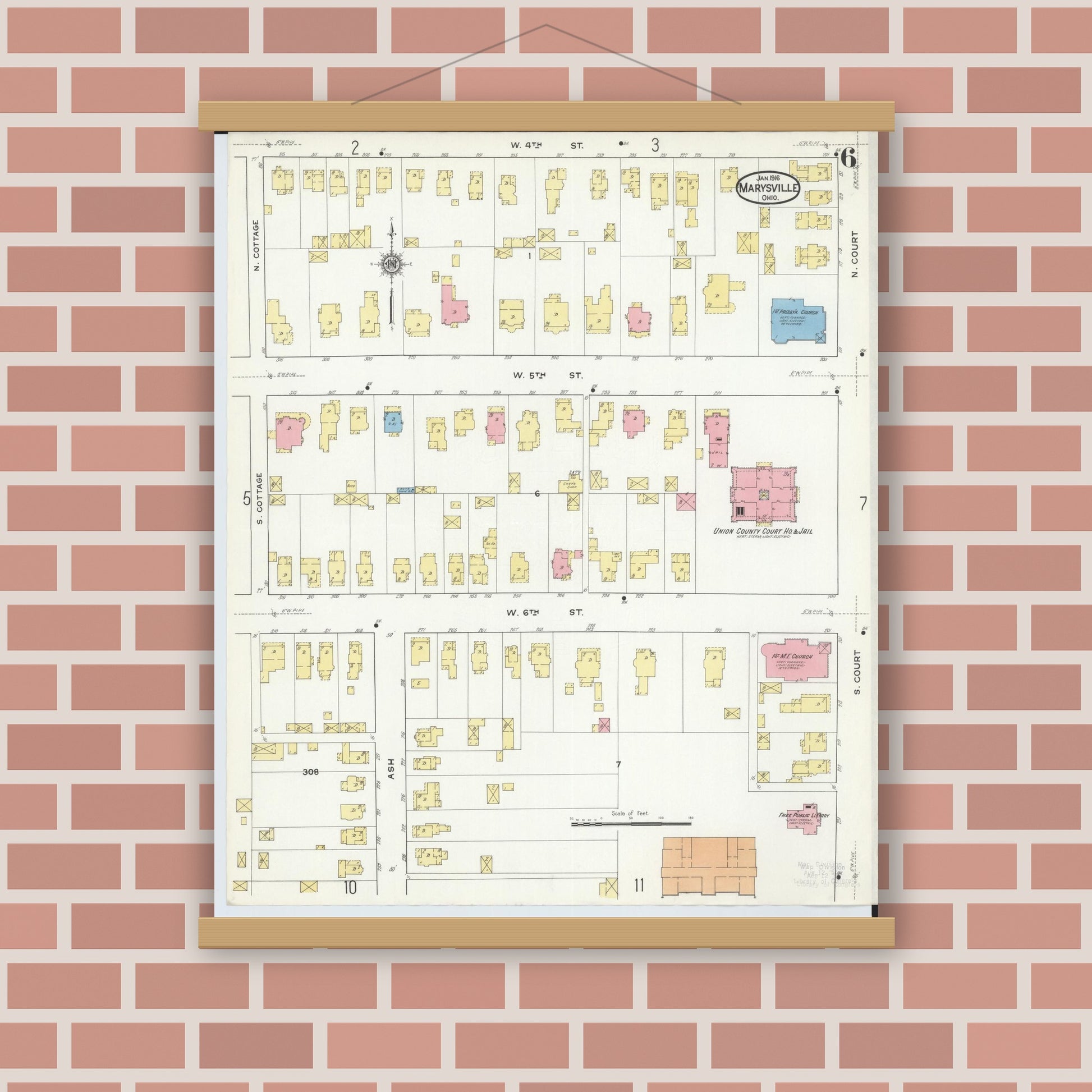 Old map wall art mockup — magnetic wood frame on brick wall — Sanborn Fire Insurance Map from Marysville, Union County, Ohio (1916), Sheet #0006