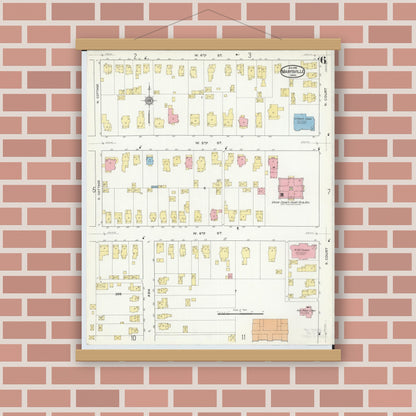 Old map wall art mockup — magnetic wood frame on brick wall — Sanborn Fire Insurance Map from Marysville, Union County, Ohio (1916), Sheet #0006