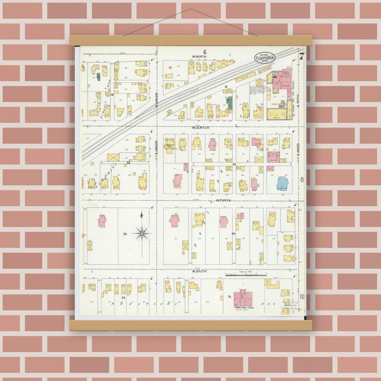 Old map wall art mockup — magnetic wood frame on brick wall — Sanborn Fire Insurance Map from Fostoria, Seneca, Hancock, And Wood Counties, Ohio (1901), Sheet #0007