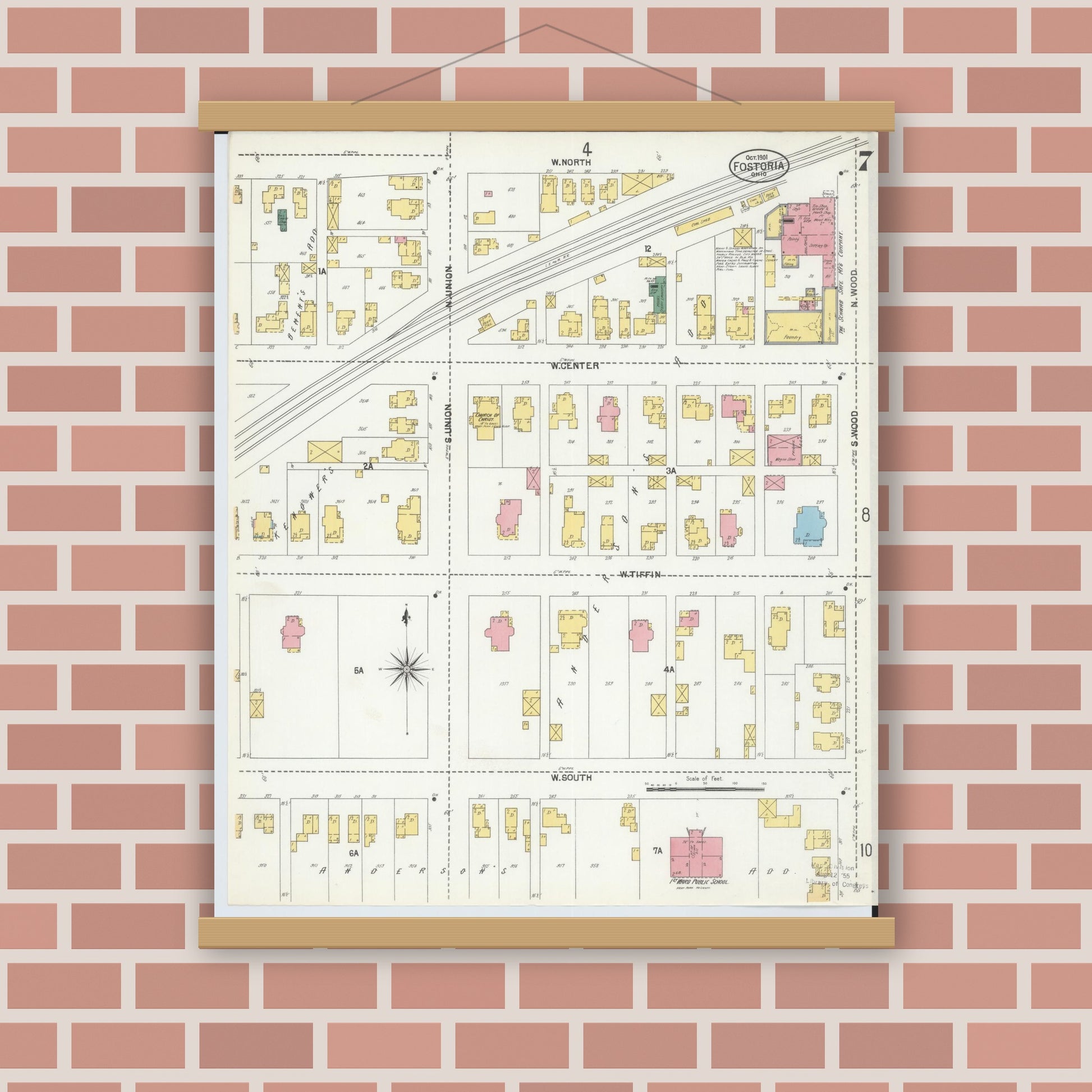 Old map wall art mockup — magnetic wood frame on brick wall — Sanborn Fire Insurance Map from Fostoria, Seneca, Hancock, And Wood Counties, Ohio (1901), Sheet #0007