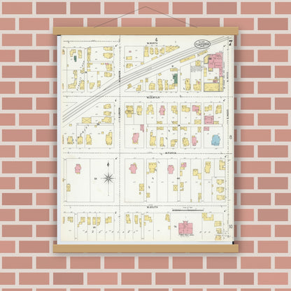 Old map wall art mockup — magnetic wood frame on brick wall — Sanborn Fire Insurance Map from Fostoria, Seneca, Hancock, And Wood Counties, Ohio (1901), Sheet #0007