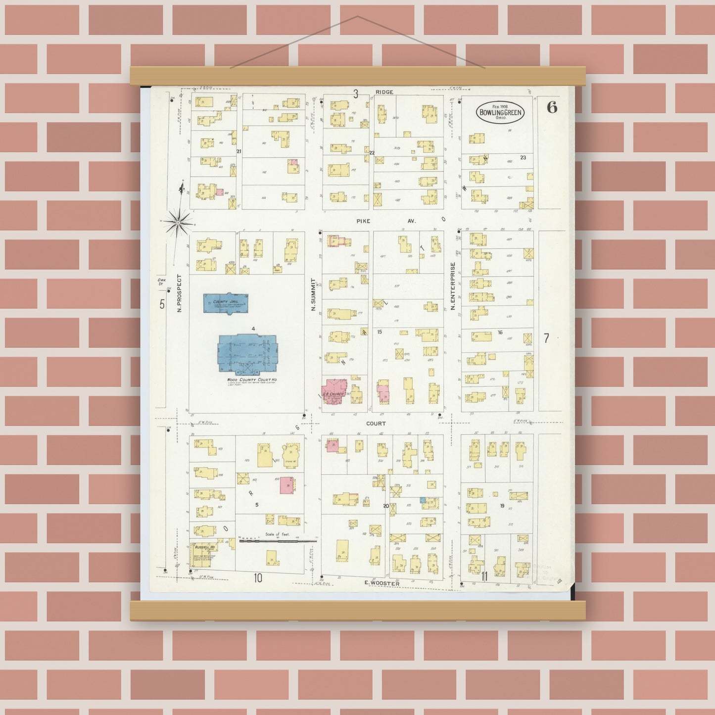 Old map wall art mockup — magnetic wood frame on brick wall — Sanborn Fire Insurance Map from Bowling Green, Wood County, Ohio (1908), Sheet #0006