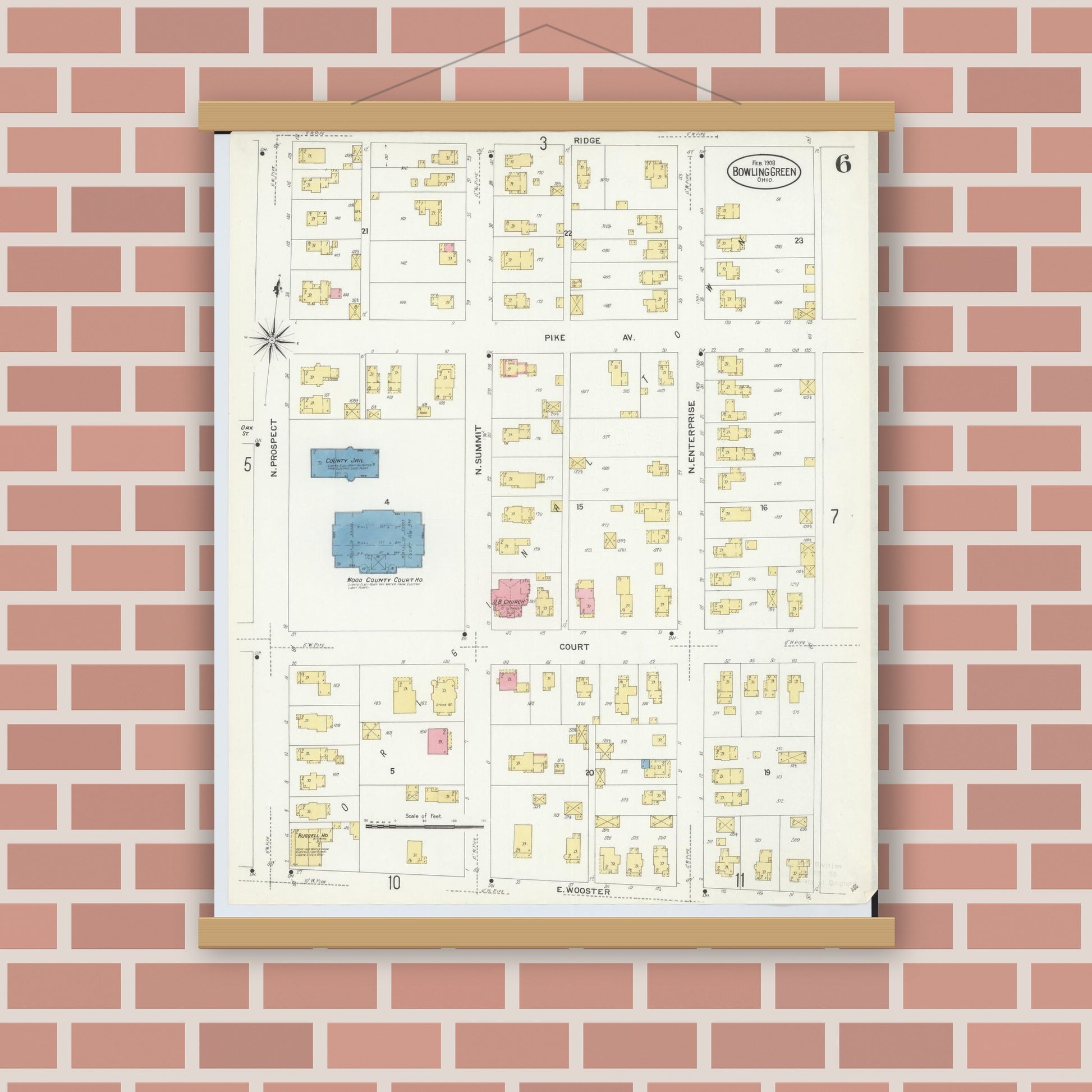 Old map wall art mockup — magnetic wood frame on brick wall — Sanborn Fire Insurance Map from Bowling Green, Wood County, Ohio (1908), Sheet #0006