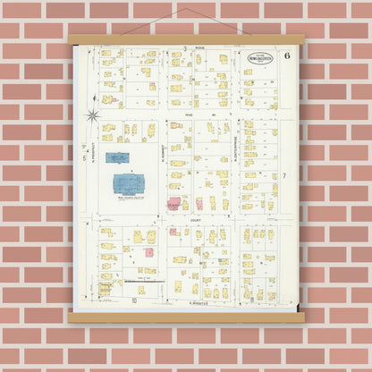 Old map wall art mockup — magnetic wood frame on brick wall — Sanborn Fire Insurance Map from Bowling Green, Wood County, Ohio (1908), Sheet #0006