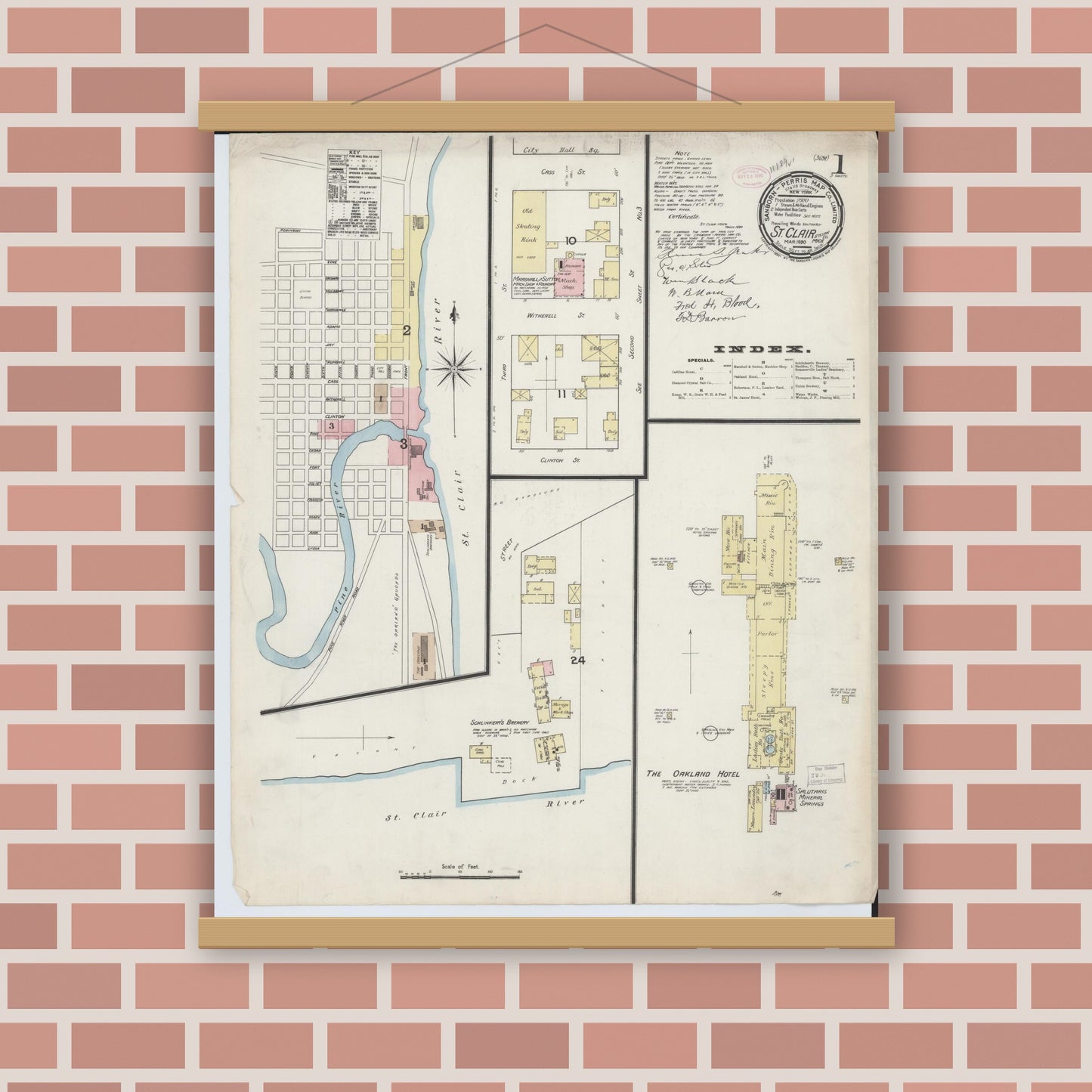 Old map wall art mockup — magnetic wood frame on brick wall — Sanborn Fire Insurance Map from Saint Clair, Saint Clair County, Michigan (1890) - Complete Map Set