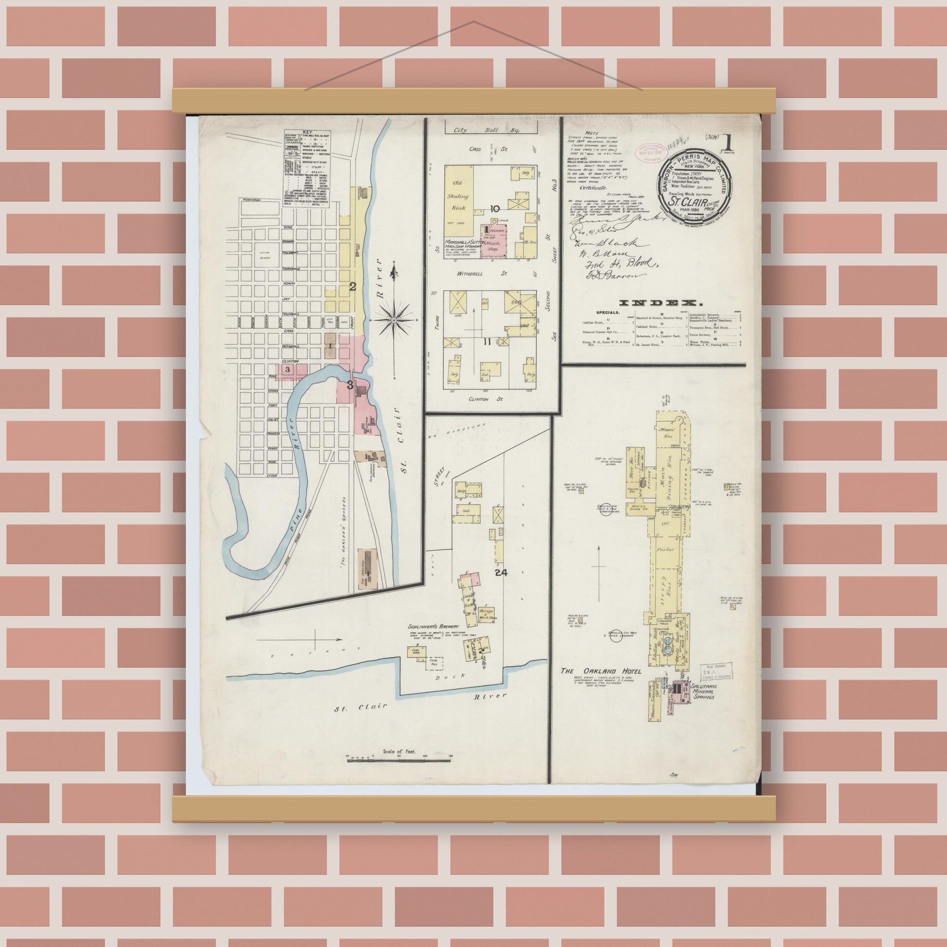 Old map wall art mockup — magnetic wood frame on brick wall — Sanborn Fire Insurance Map from Saint Clair, Saint Clair County, Michigan (1890) - Complete Map Set