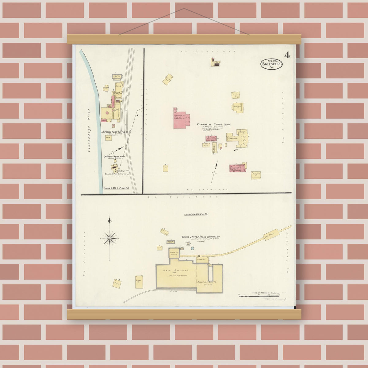 Old map wall art mockup — magnetic wood frame on brick wall — Sanborn Fire Insurance Map from Saltsburg, Indiana County, Pennsylvania (1909), Sheet #0004
