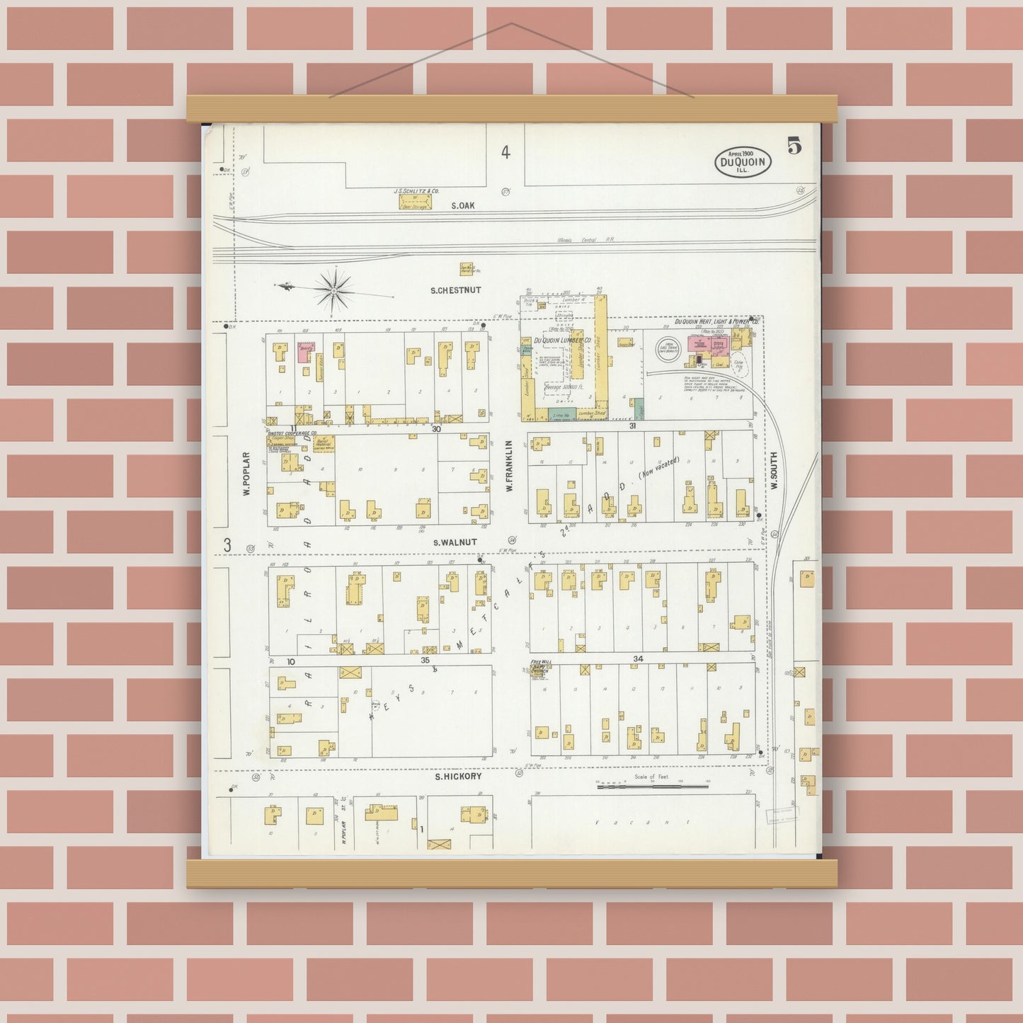Old map wall art mockup — magnetic wood frame on brick wall — Sanborn Fire Insurance Map from Du Quoin, Perry County, Illinois (1900), Sheet #0005