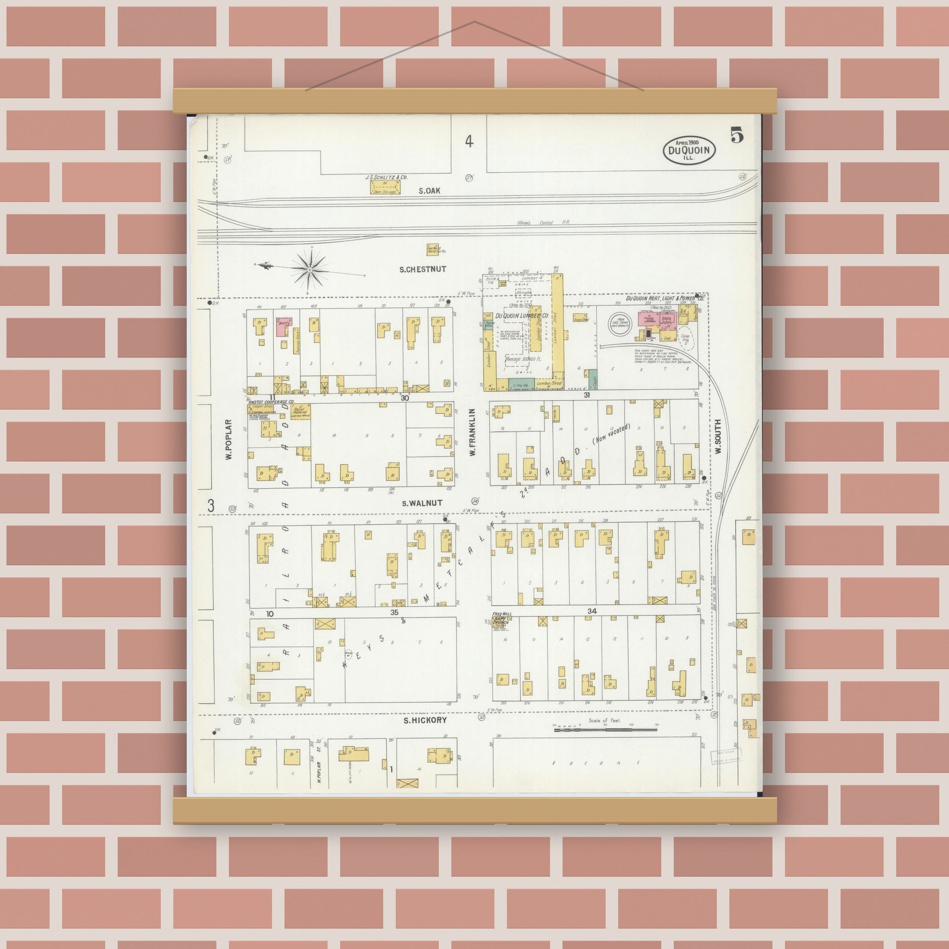 Old map wall art mockup — magnetic wood frame on brick wall — Sanborn Fire Insurance Map from Du Quoin, Perry County, Illinois (1900), Sheet #0005