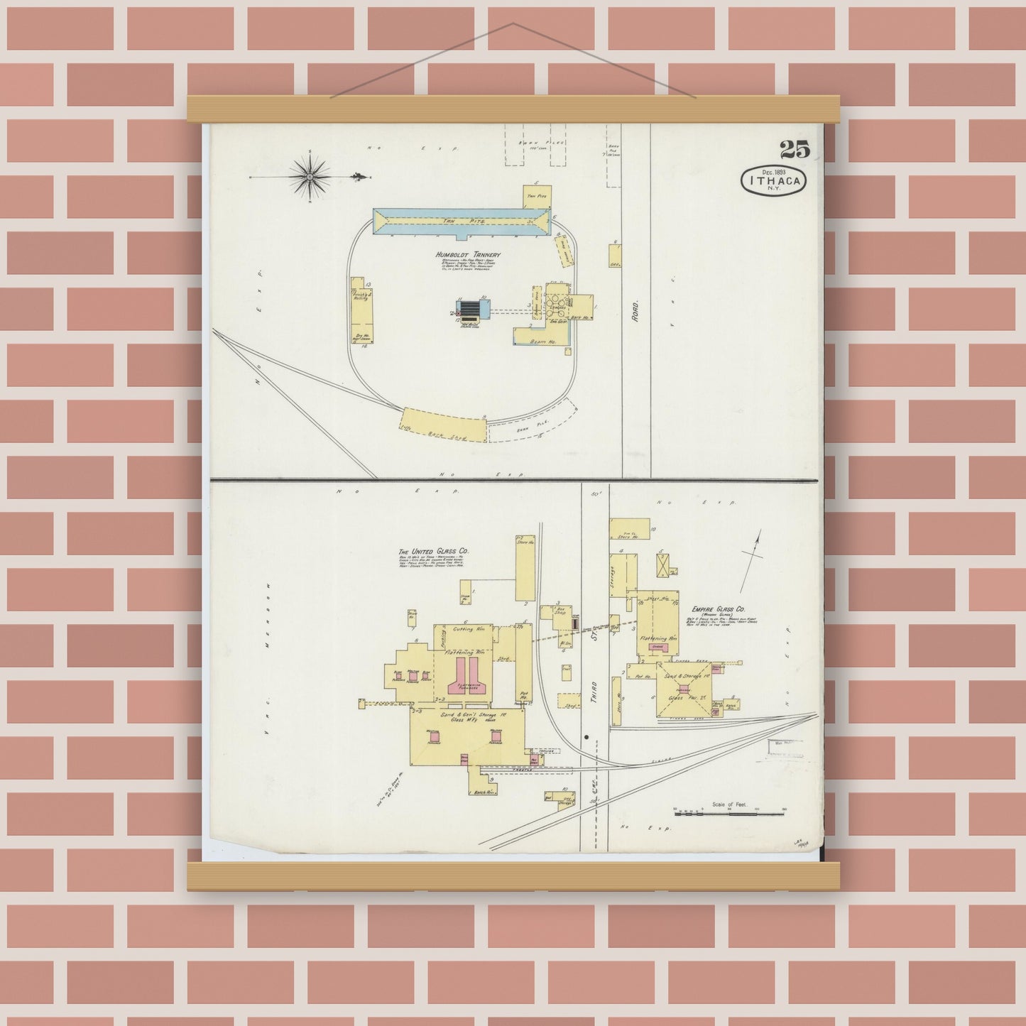 Old map wall art mockup — magnetic wood frame on brick wall — Sanborn Fire Insurance Map from Ithaca, Tompkins County, New York (1893), Sheet #0025