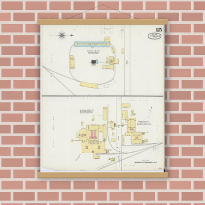 Old map wall art mockup — magnetic wood frame on brick wall — Sanborn Fire Insurance Map from Ithaca, Tompkins County, New York (1893), Sheet #0025