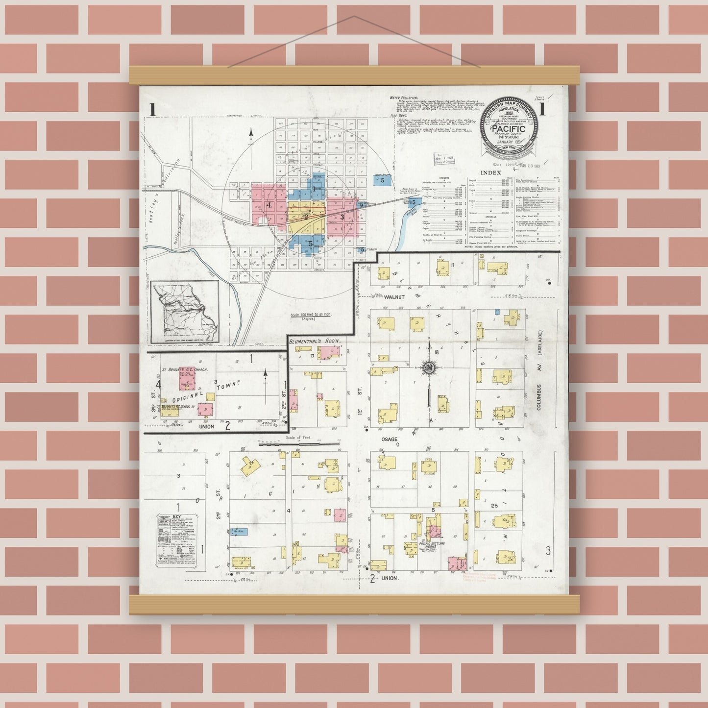 Old map wall art mockup — magnetic wood frame on brick wall — Sanborn Fire Insurance Map from Pacific, Franklin County, Missouri (1929), Sheet #0001