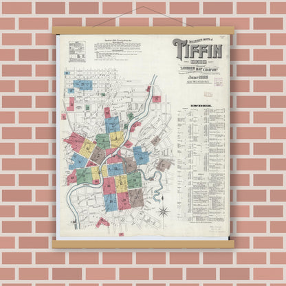 Old map wall art mockup — magnetic wood frame on brick wall — Sanborn Fire Insurance Map from Tiffin, Seneca County, Ohio (1908), Sheet #0001