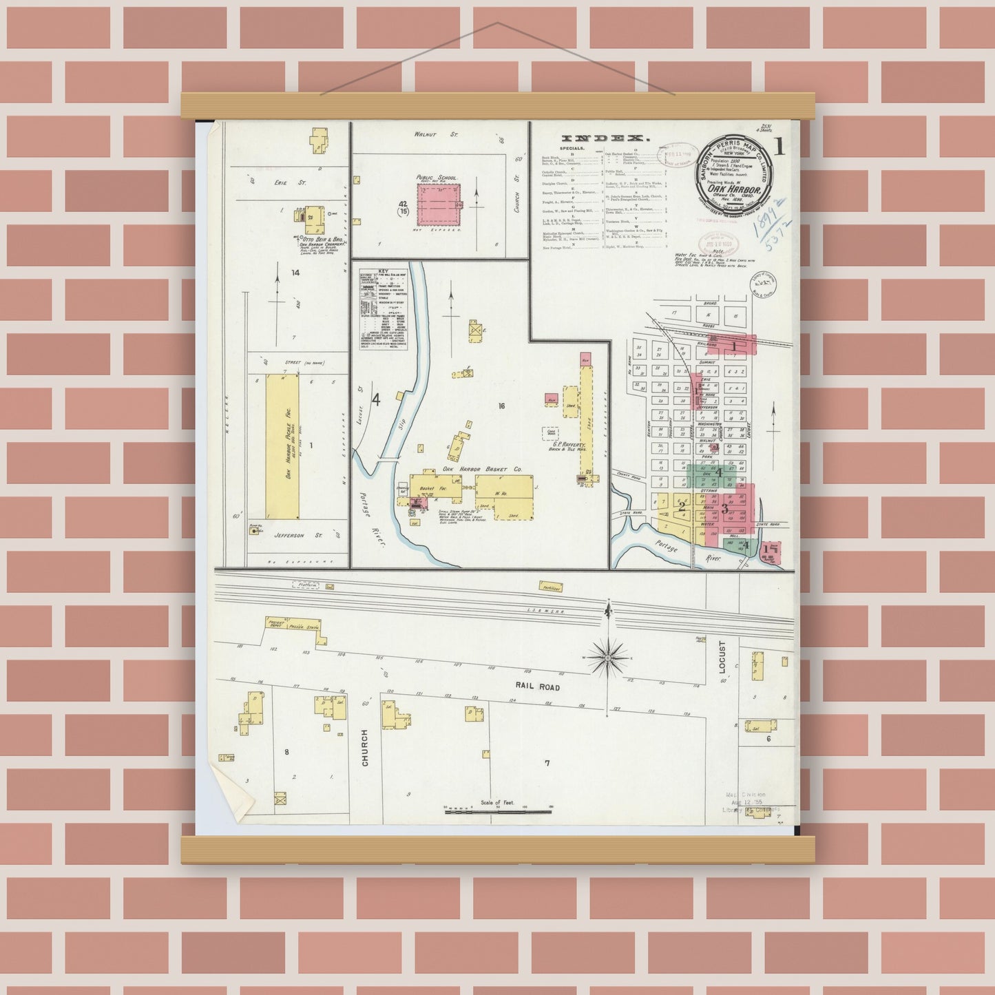 Old map wall art mockup — magnetic wood frame on brick wall — Sanborn Fire Insurance Map from Oak Harbor, Ottawa County, Ohio (1898) - Complete Map Set