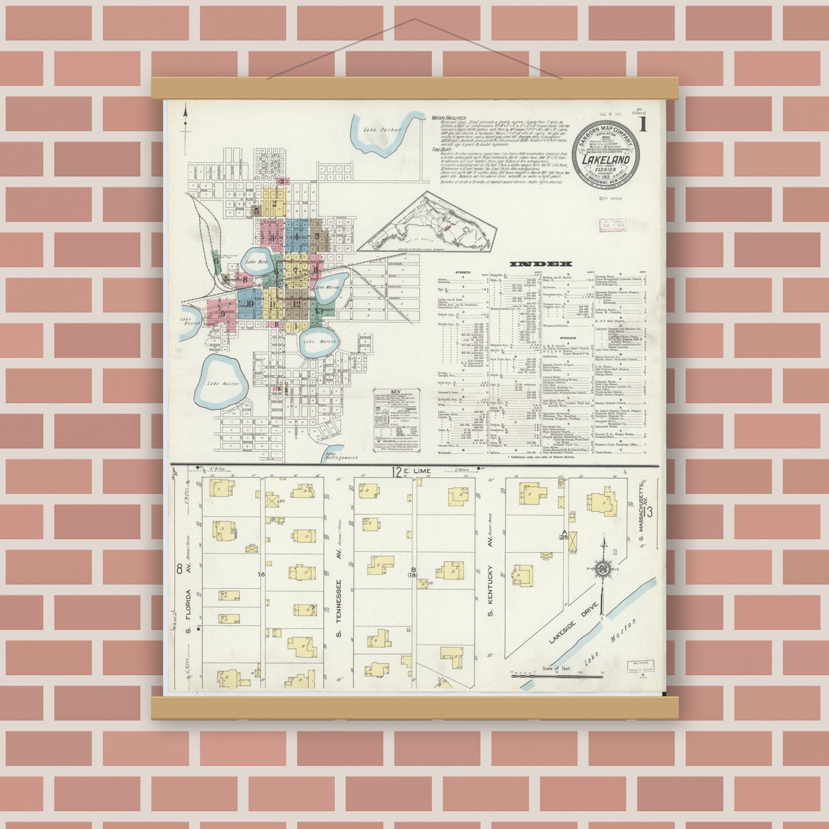 Old map wall art mockup — magnetic wood frame on brick wall — Sanborn Fire Insurance Map from Lakeland, Polk County, Florida (1913), Sheet #0001
