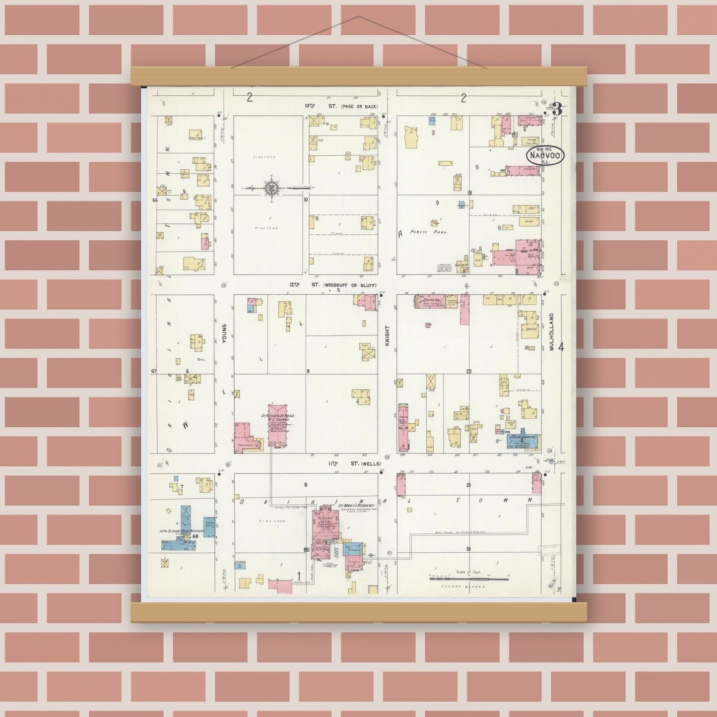 Old map wall art mockup — magnetic wood frame on brick wall — Sanborn Fire Insurance Map from Nauvoo, Hancock County, Illinois (1912), Sheet #0003