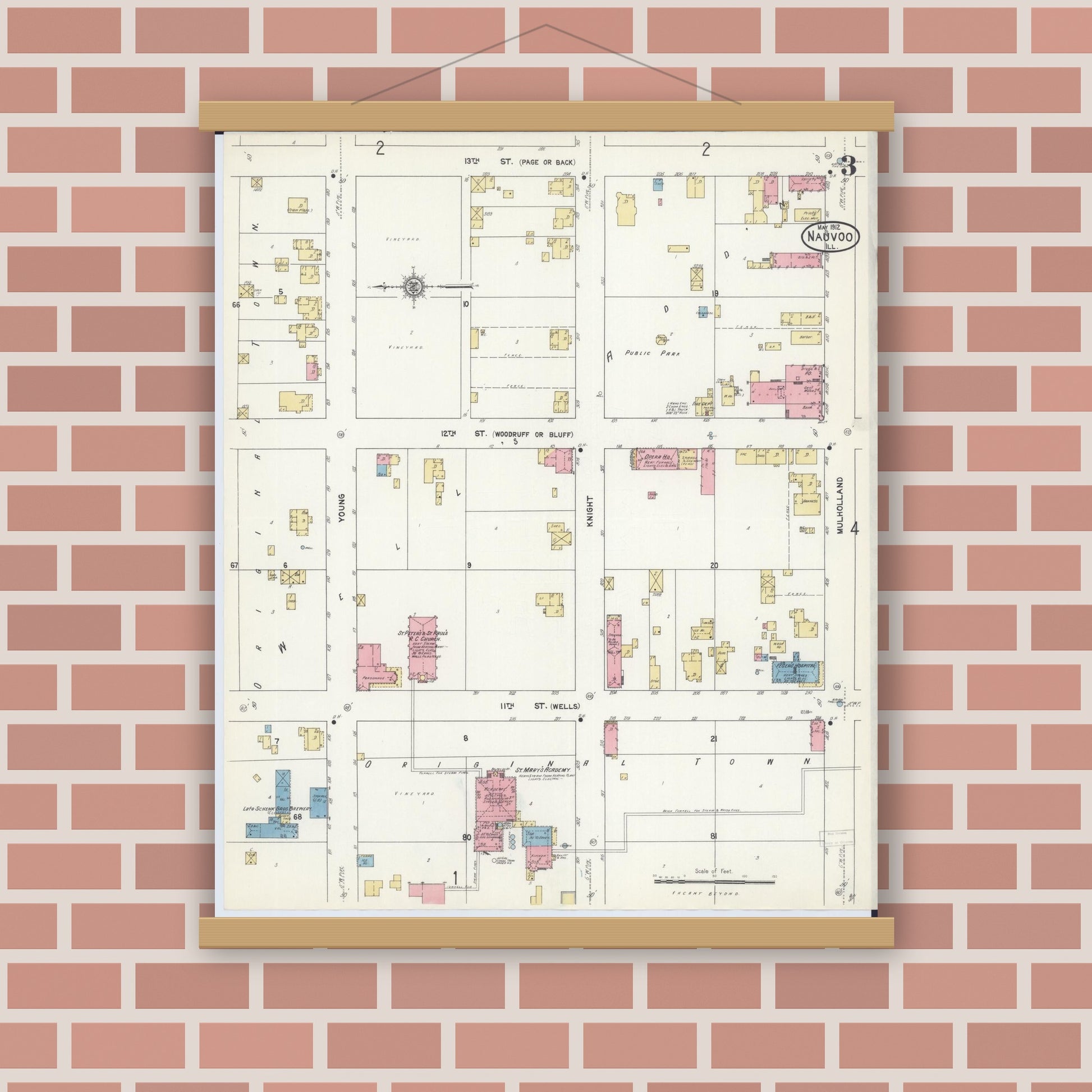 Old map wall art mockup — magnetic wood frame on brick wall — Sanborn Fire Insurance Map from Nauvoo, Hancock County, Illinois (1912), Sheet #0003