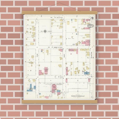 Old map wall art mockup — magnetic wood frame on brick wall — Sanborn Fire Insurance Map from Nauvoo, Hancock County, Illinois (1912), Sheet #0003