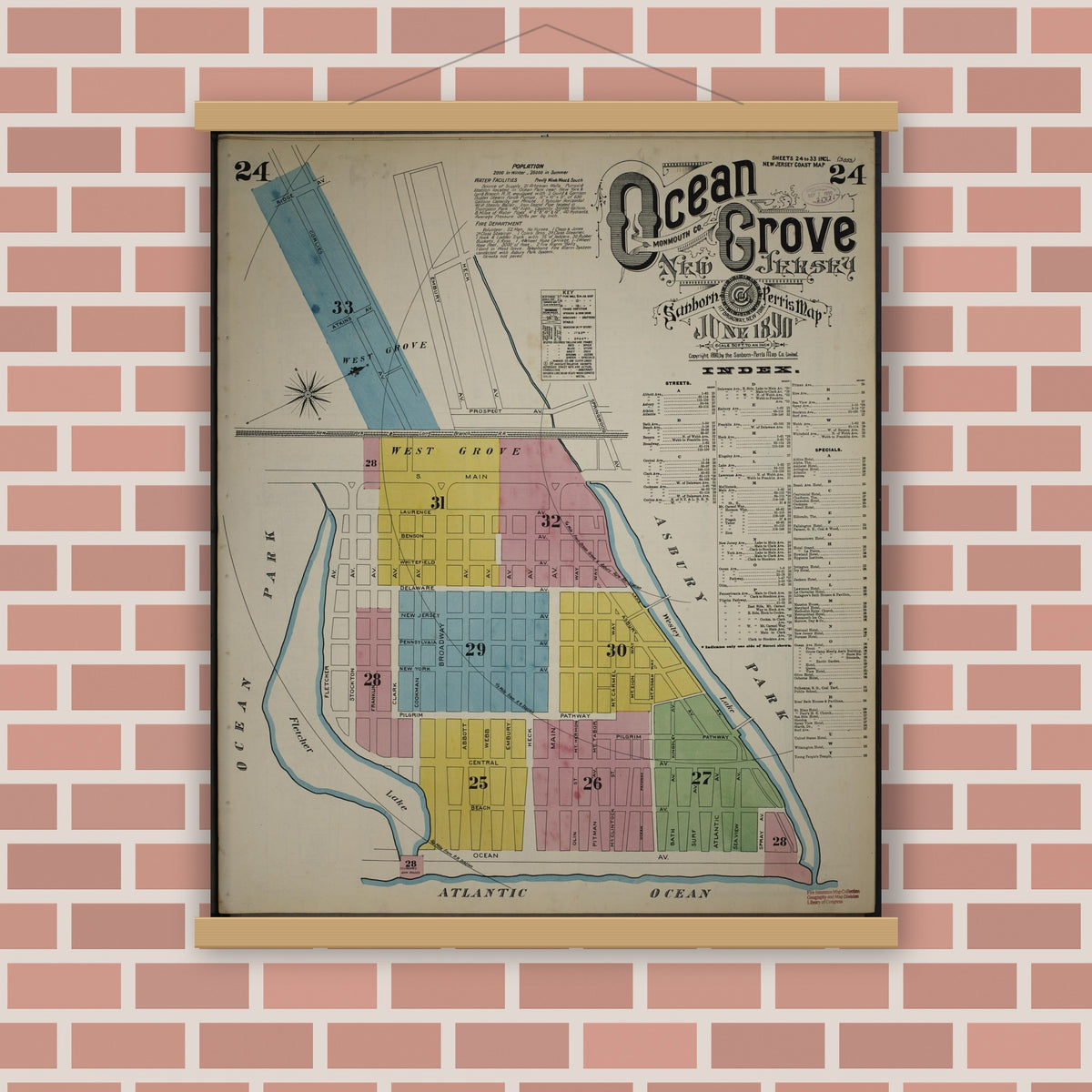 Old map wall art mockup — magnetic wood frame on brick wall — Sanborn Fire Insurance Map from New Jersey Coast, New Jersey Coast, New Jersey (1890), Sheet #0024