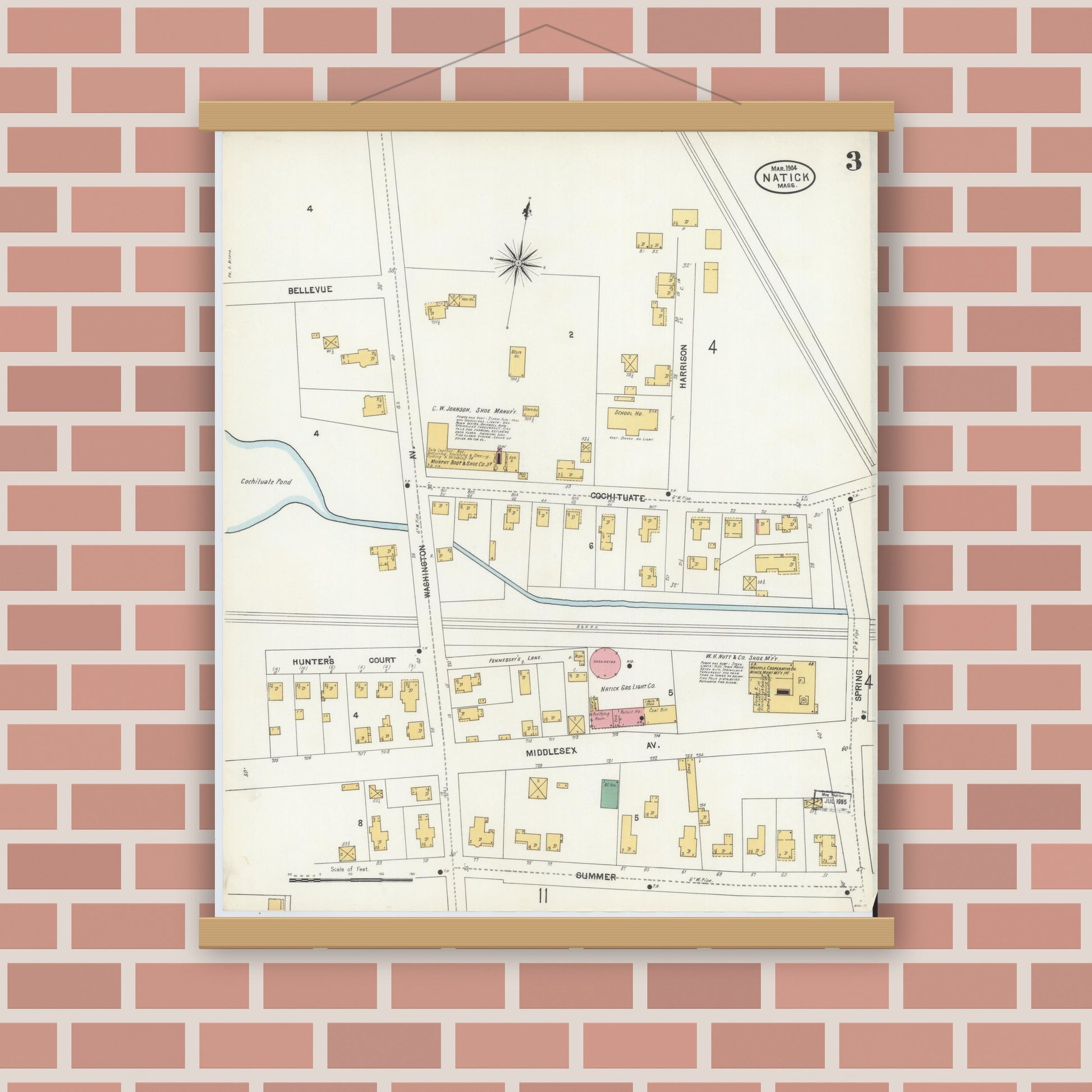 Old map wall art mockup — magnetic wood frame on brick wall — Sanborn Fire Insurance Map from Natick, Middlesex County, Massachusetts (1904), Sheet #0003