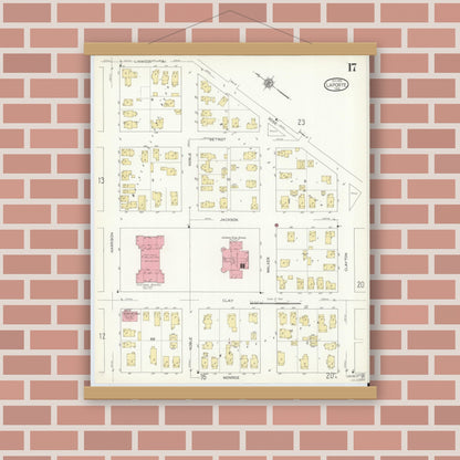 Old map wall art mockup — magnetic wood frame on brick wall — Sanborn Fire Insurance Map from La Porte, La Porte County, Indiana (1912), Sheet #0017