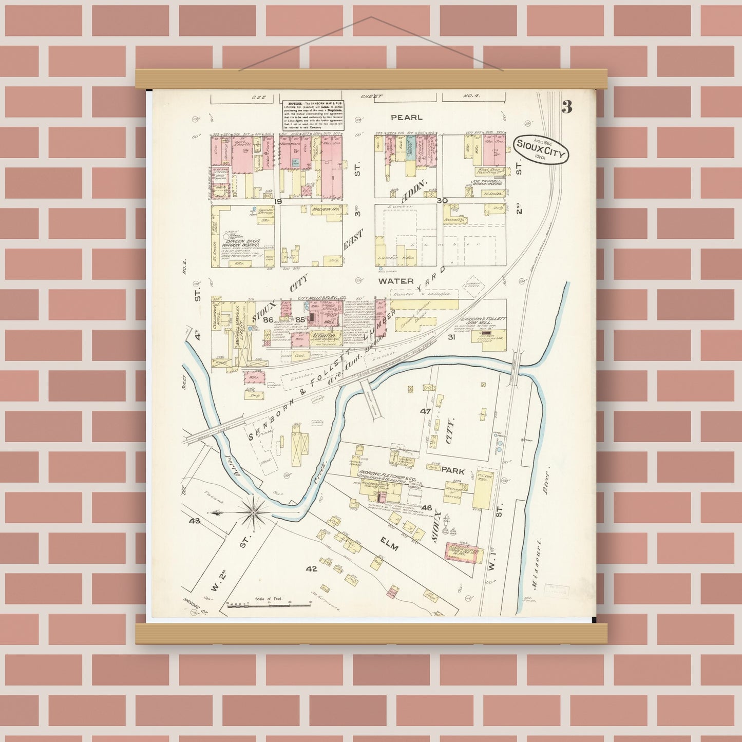 Old map wall art mockup — magnetic wood frame on brick wall — Sanborn Fire Insurance Map from Sioux City, Woodbury County, Iowa (1884), Sheet #0003