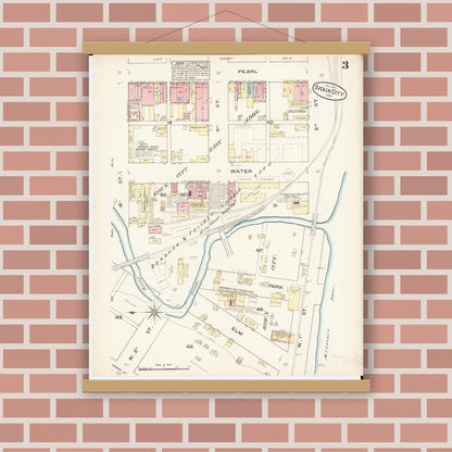 Old map wall art mockup — magnetic wood frame on brick wall — Sanborn Fire Insurance Map from Sioux City, Woodbury County, Iowa (1884), Sheet #0003