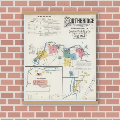 Old map wall art mockup — magnetic wood frame on brick wall — Sanborn Fire Insurance Map from Southbridge, Worcester County, Massachusetts (1894) - Complete Map Set