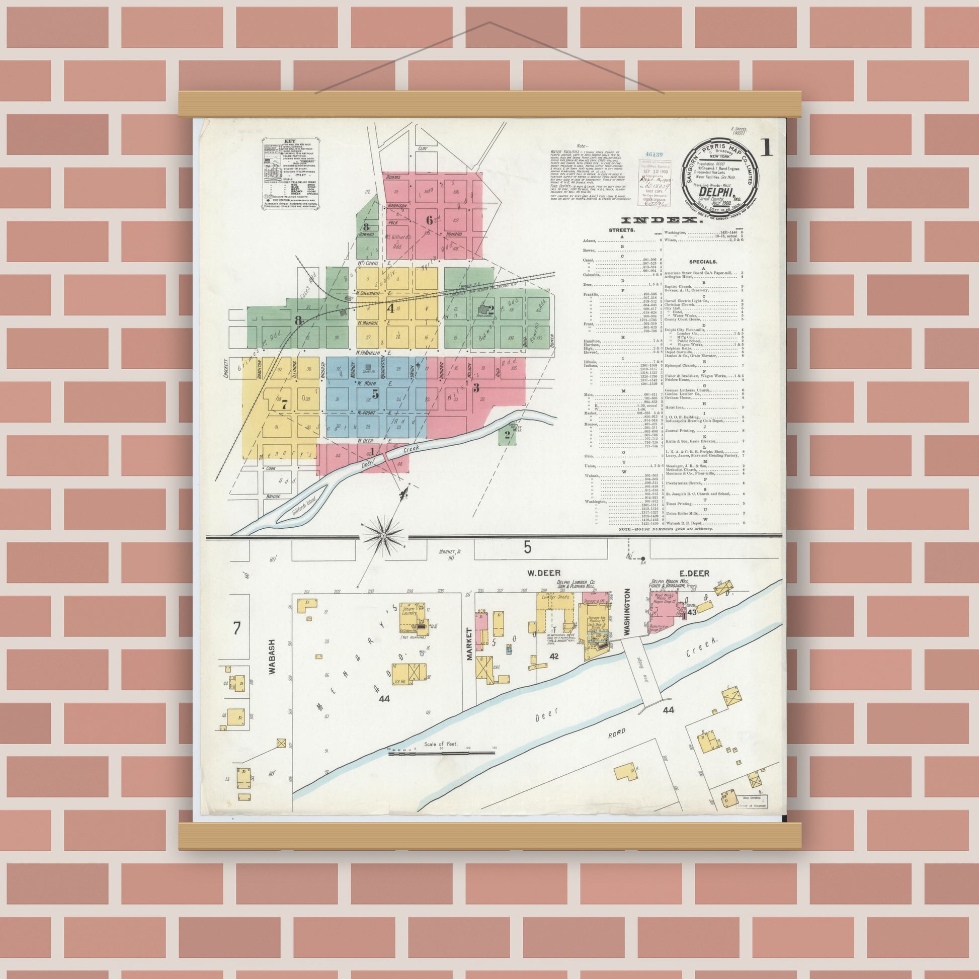 Old map wall art mockup — magnetic wood frame on brick wall — Sanborn Fire Insurance Map from Delphi, Carroll County, Indiana (1900), Sheet #0001