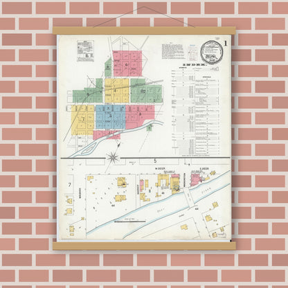 Old map wall art mockup — magnetic wood frame on brick wall — Sanborn Fire Insurance Map from Delphi, Carroll County, Indiana (1900), Sheet #0001