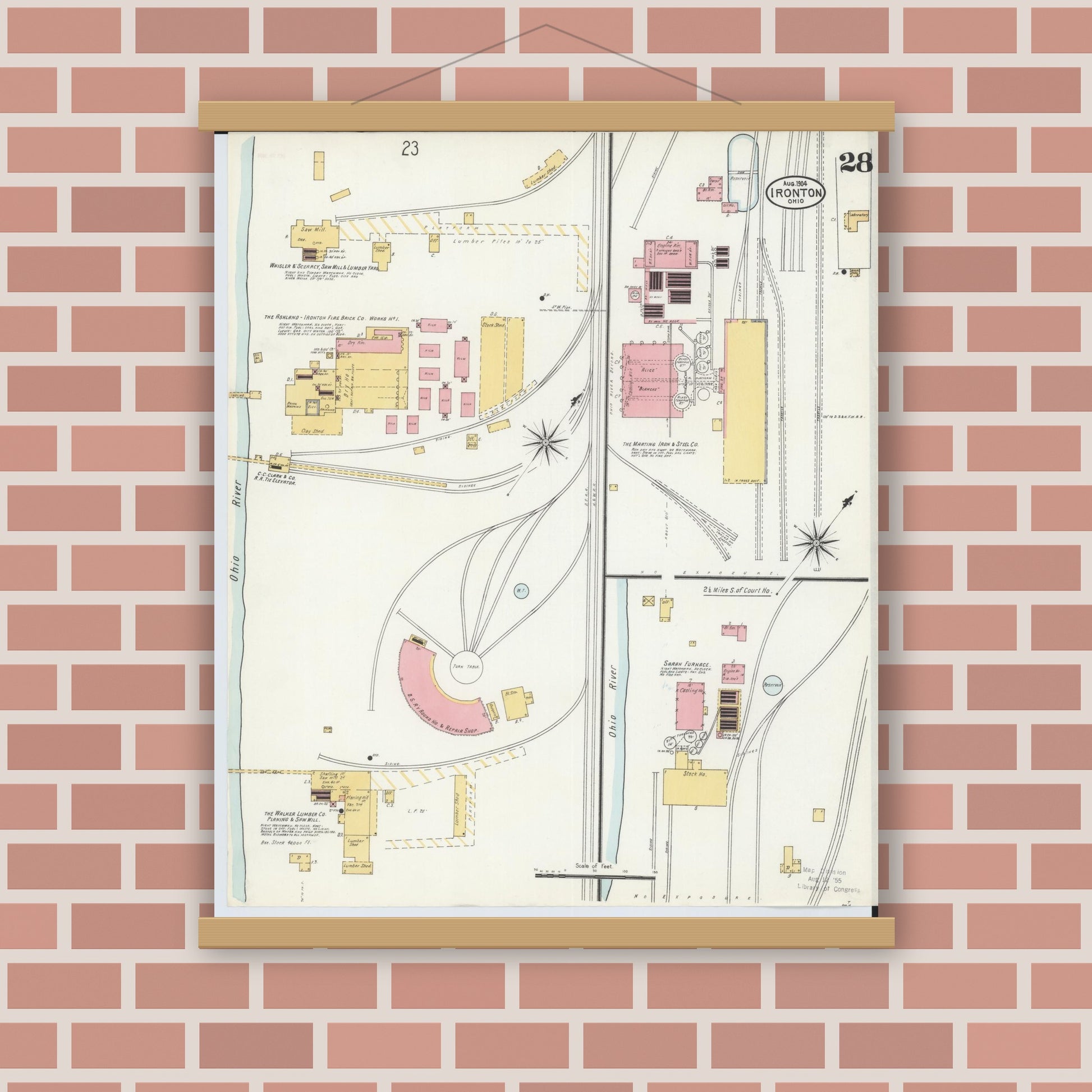 Old map wall art mockup — magnetic wood frame on brick wall — Sanborn Fire Insurance Map from Ironton, Lawrence County, Ohio (1904), Sheet #0028