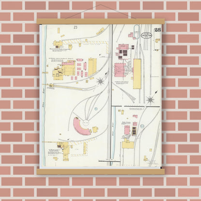 Old map wall art mockup — magnetic wood frame on brick wall — Sanborn Fire Insurance Map from Ironton, Lawrence County, Ohio (1904), Sheet #0028