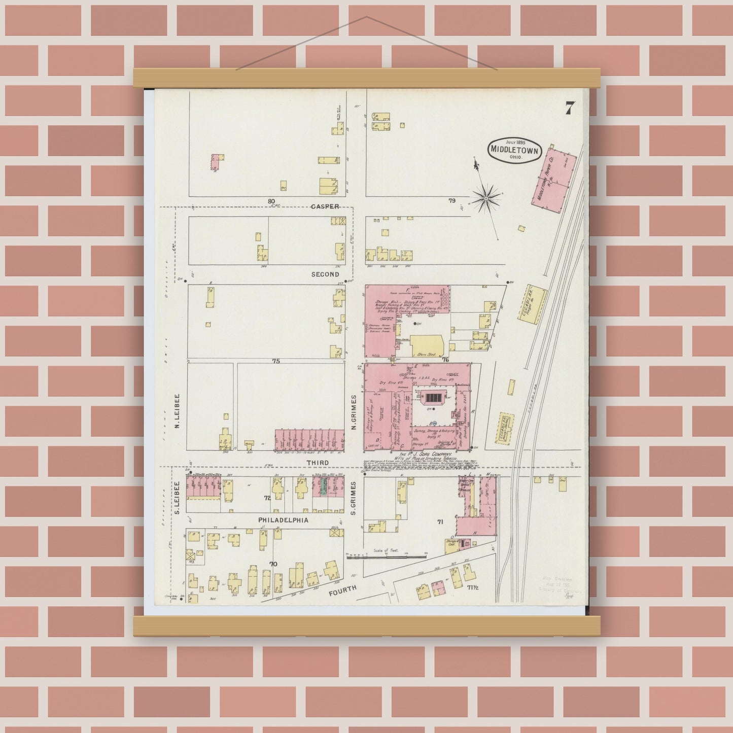 Old map wall art mockup — magnetic wood frame on brick wall — Sanborn Fire Insurance Map from Middletown, Butler County, Ohio (1895), Sheet #0007