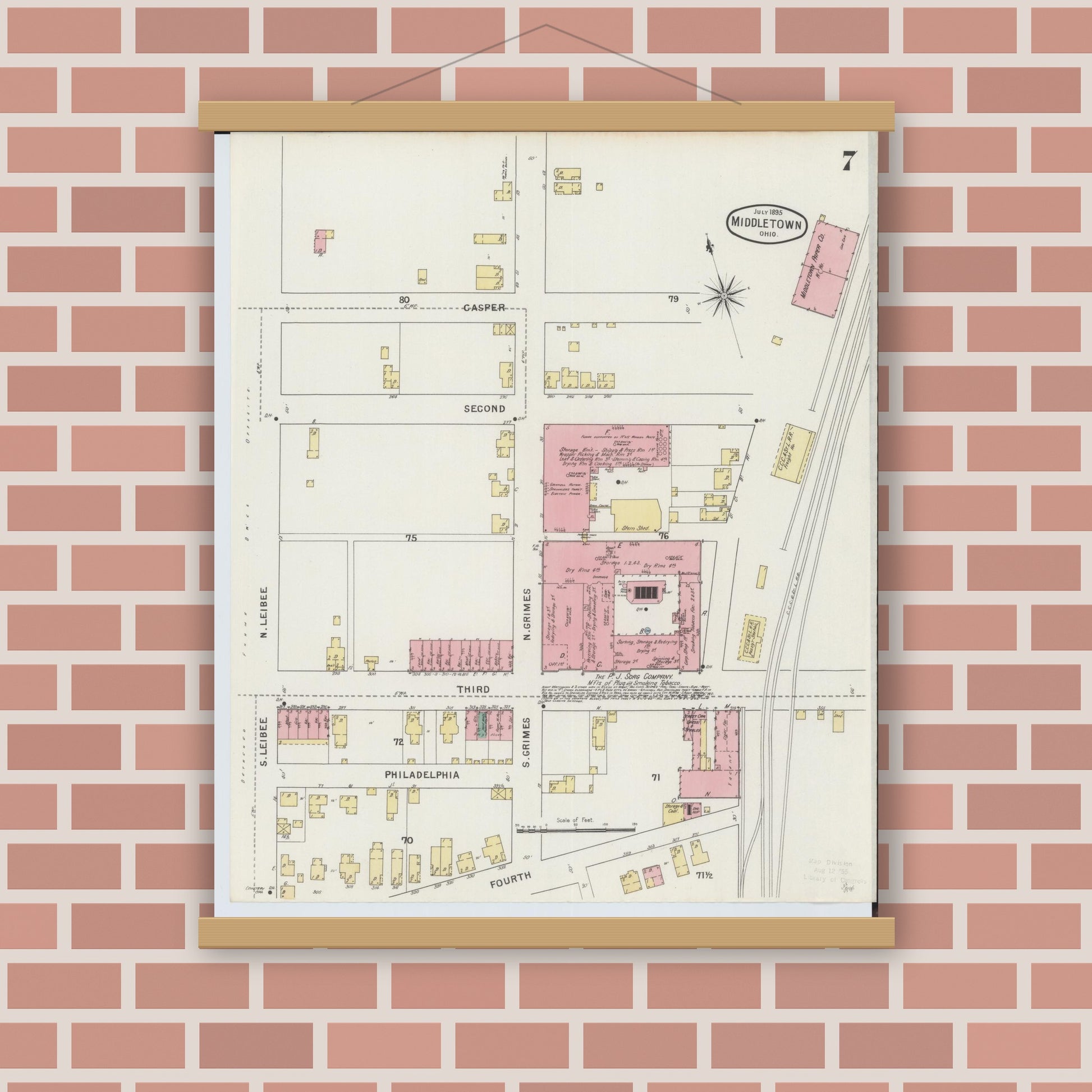 Old map wall art mockup — magnetic wood frame on brick wall — Sanborn Fire Insurance Map from Middletown, Butler County, Ohio (1895), Sheet #0007