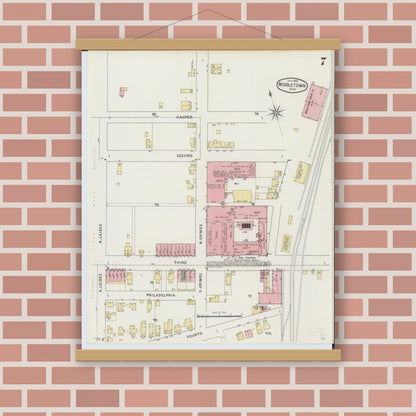 Old map wall art mockup — magnetic wood frame on brick wall — Sanborn Fire Insurance Map from Middletown, Butler County, Ohio (1895), Sheet #0007