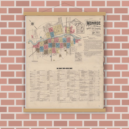 Old map wall art mockup — magnetic wood frame on brick wall — Sanborn Fire Insurance Map from Monroe, Monroe County, Michigan (1922), Sheet #0001