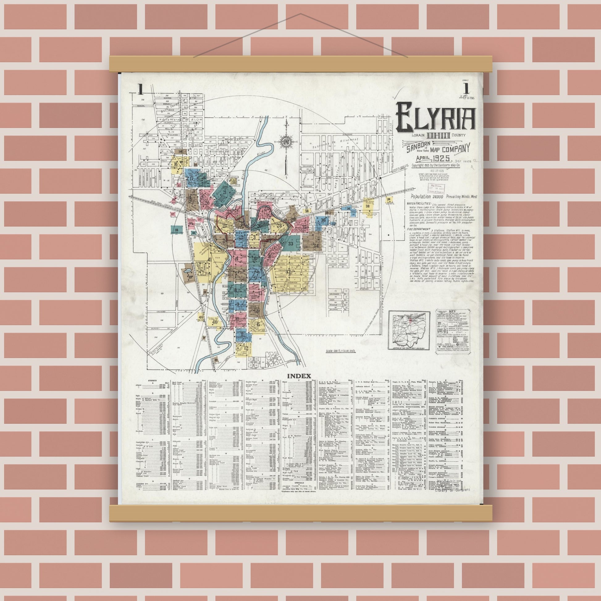 Old map wall art mockup — magnetic wood frame on brick wall — Sanborn Fire Insurance Map from Elyria, Lorain County, Ohio (1925) - Complete Map Set