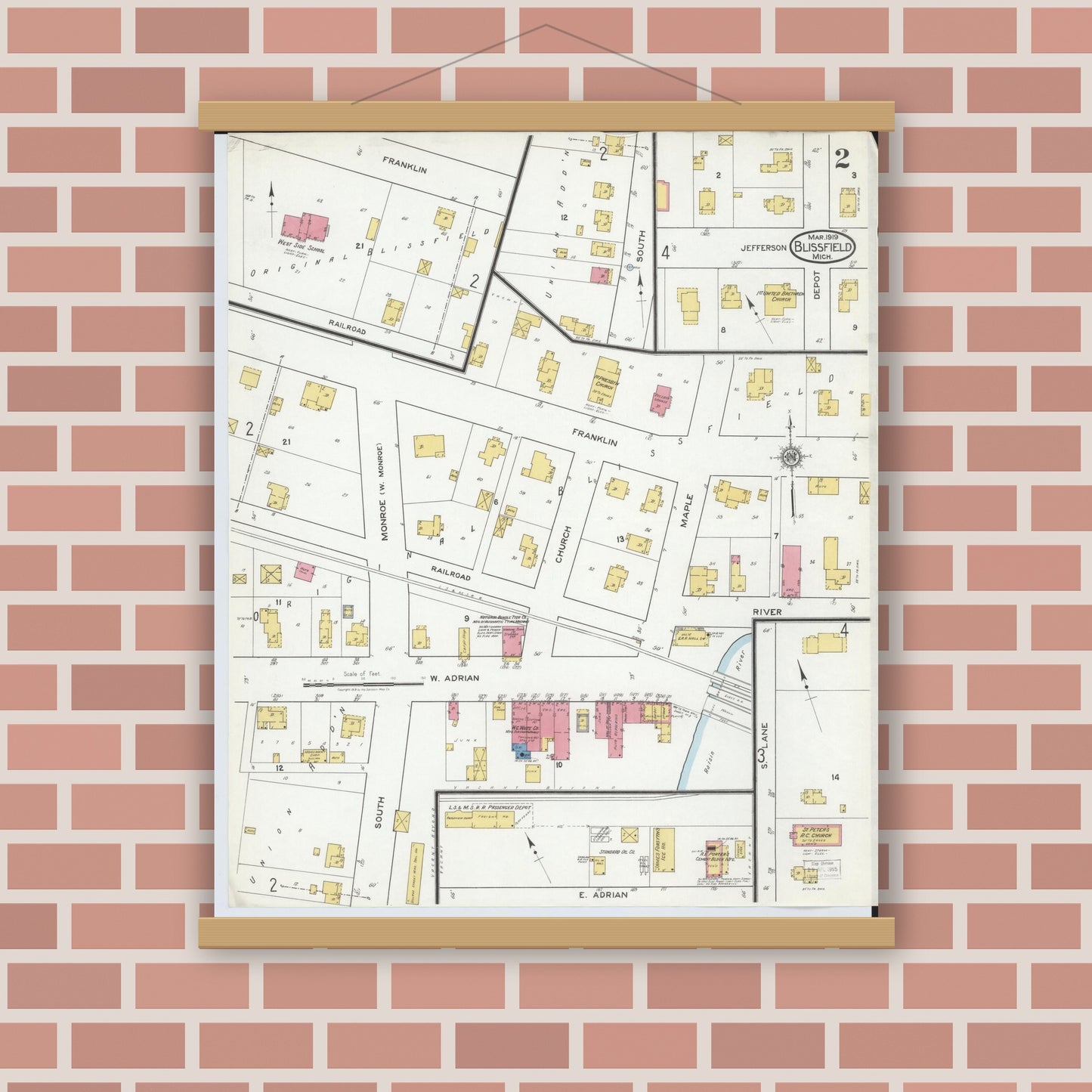 Old map wall art mockup — magnetic wood frame on brick wall — Sanborn Fire Insurance Map from Blissfield, Lenawee County, Michigan (1919), Sheet #0002