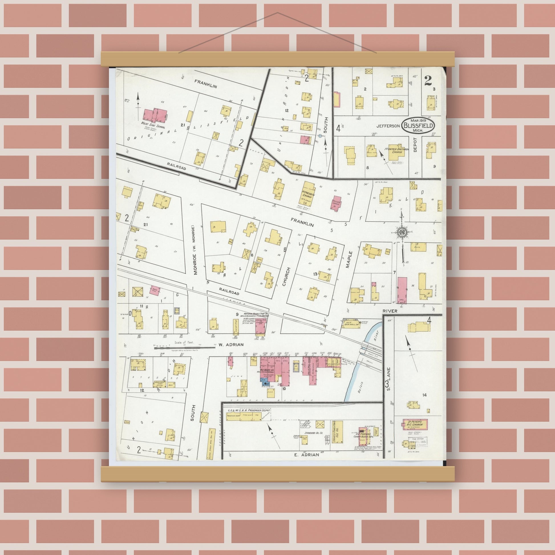 Old map wall art mockup — magnetic wood frame on brick wall — Sanborn Fire Insurance Map from Blissfield, Lenawee County, Michigan (1919), Sheet #0002