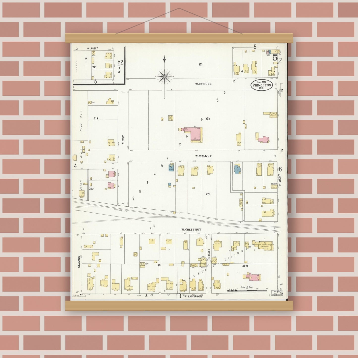 Old map wall art mockup — magnetic wood frame on brick wall — Sanborn Fire Insurance Map from Princeton, Gibson County, Indiana (1907), Sheet #0005