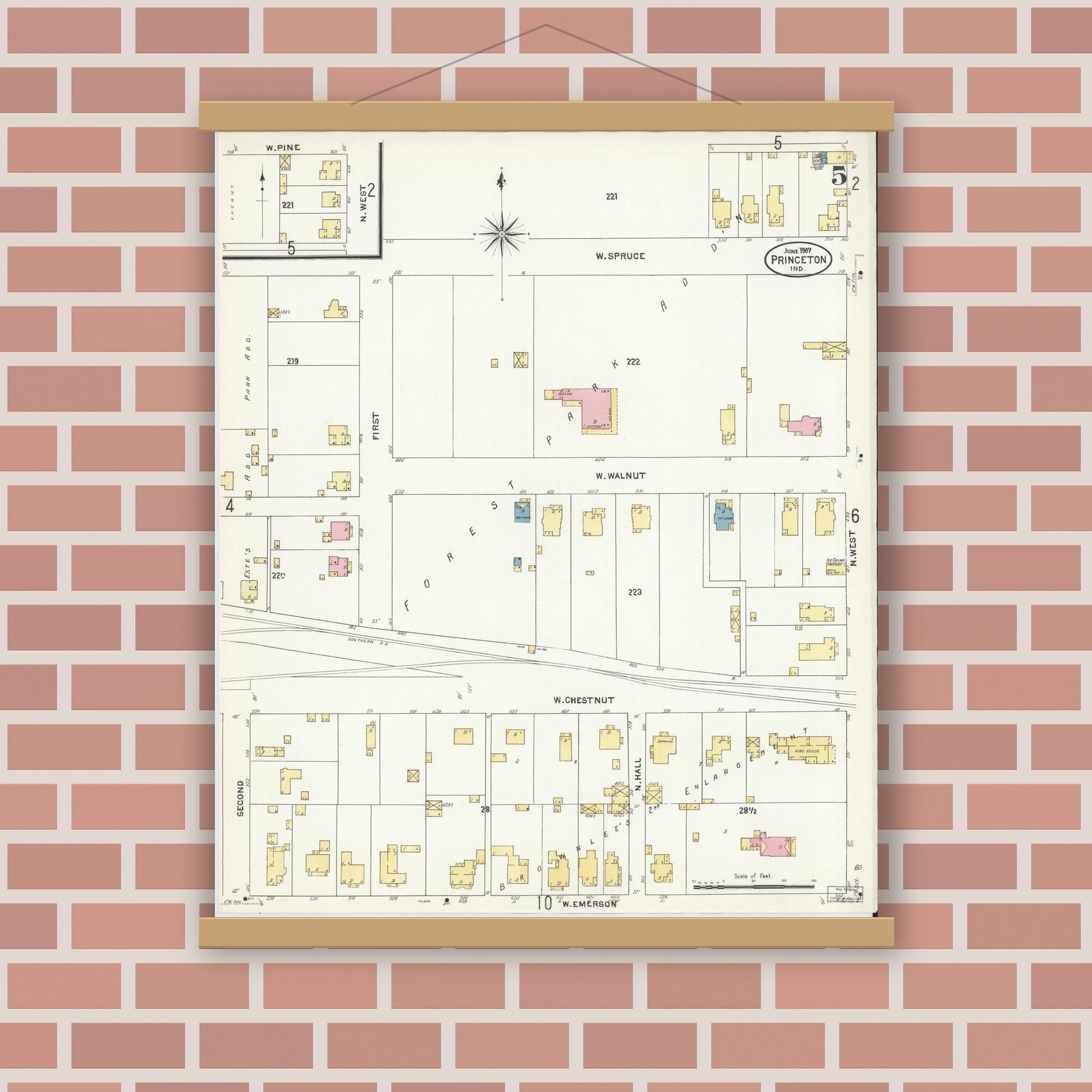 Old map wall art mockup — magnetic wood frame on brick wall — Sanborn Fire Insurance Map from Princeton, Gibson County, Indiana (1907), Sheet #0005