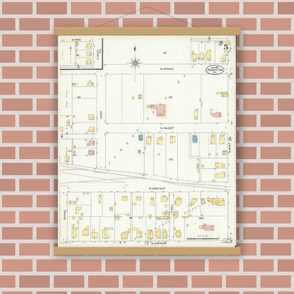 Old map wall art mockup — magnetic wood frame on brick wall — Sanborn Fire Insurance Map from Princeton, Gibson County, Indiana (1907), Sheet #0005