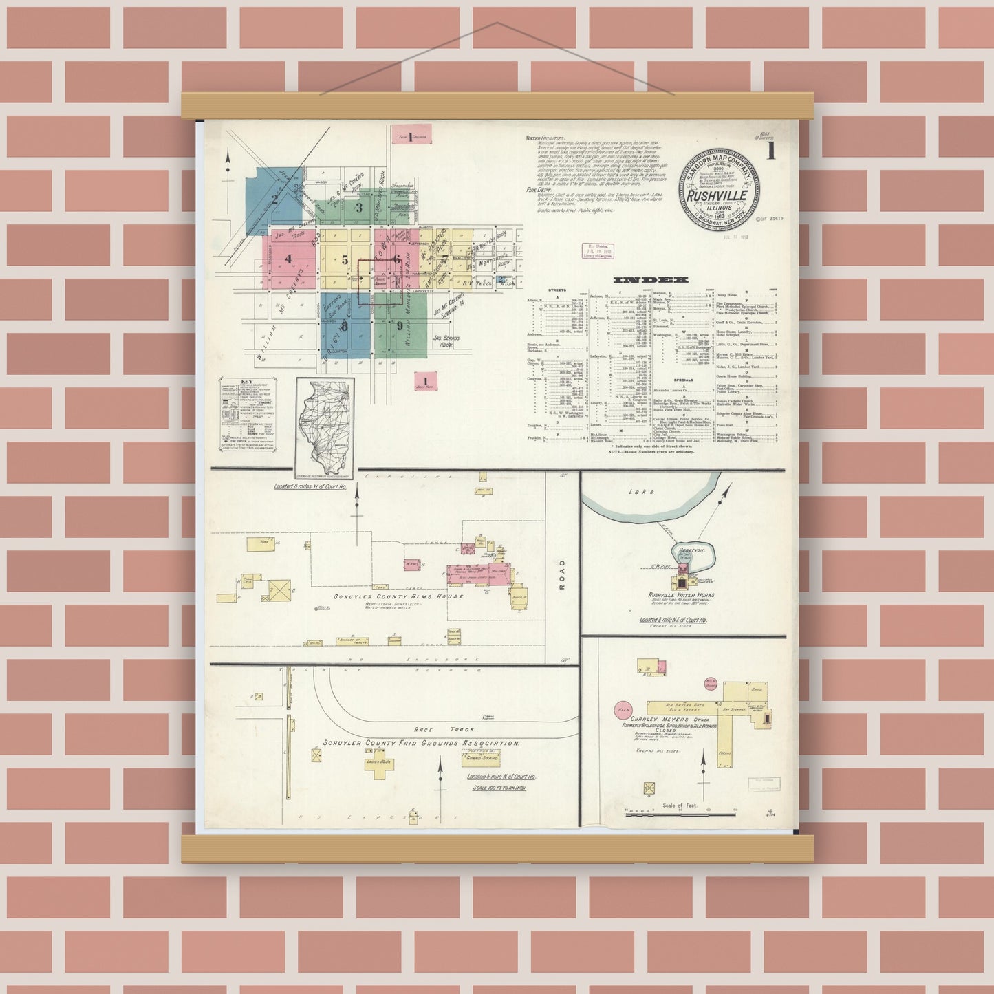 Old map wall art mockup — magnetic wood frame on brick wall — Sanborn Fire Insurance Map from Rushville, Schuyler County, Illinois (1913) - Complete Map Set